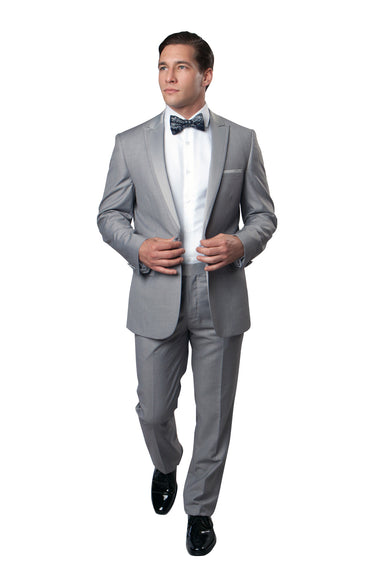 Light Grey / Light Grey Satin Bryan Michaels Satin Peak Lapel With Trim Tuxedo Solid Slim Fit Prom Tuxedo For Men MT187S-05 - Hattitude